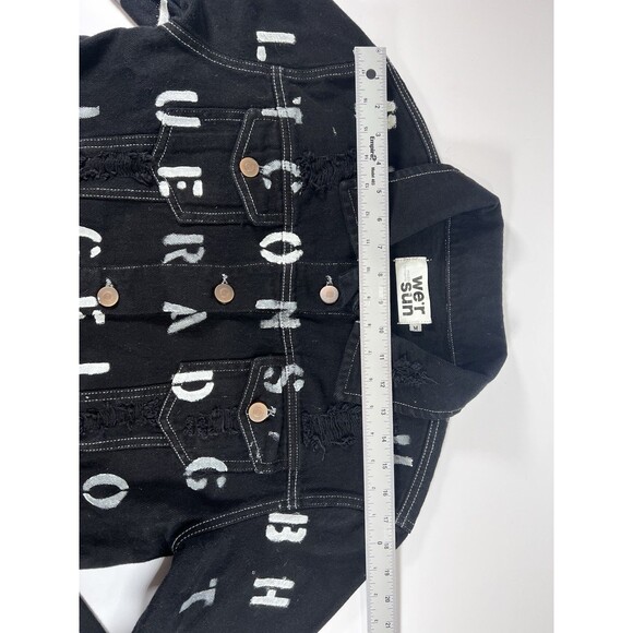 Black Jean Jacket Distressed With Graffiti Letters All Over Thrashed We’r Sun M - Picture 8 of 11